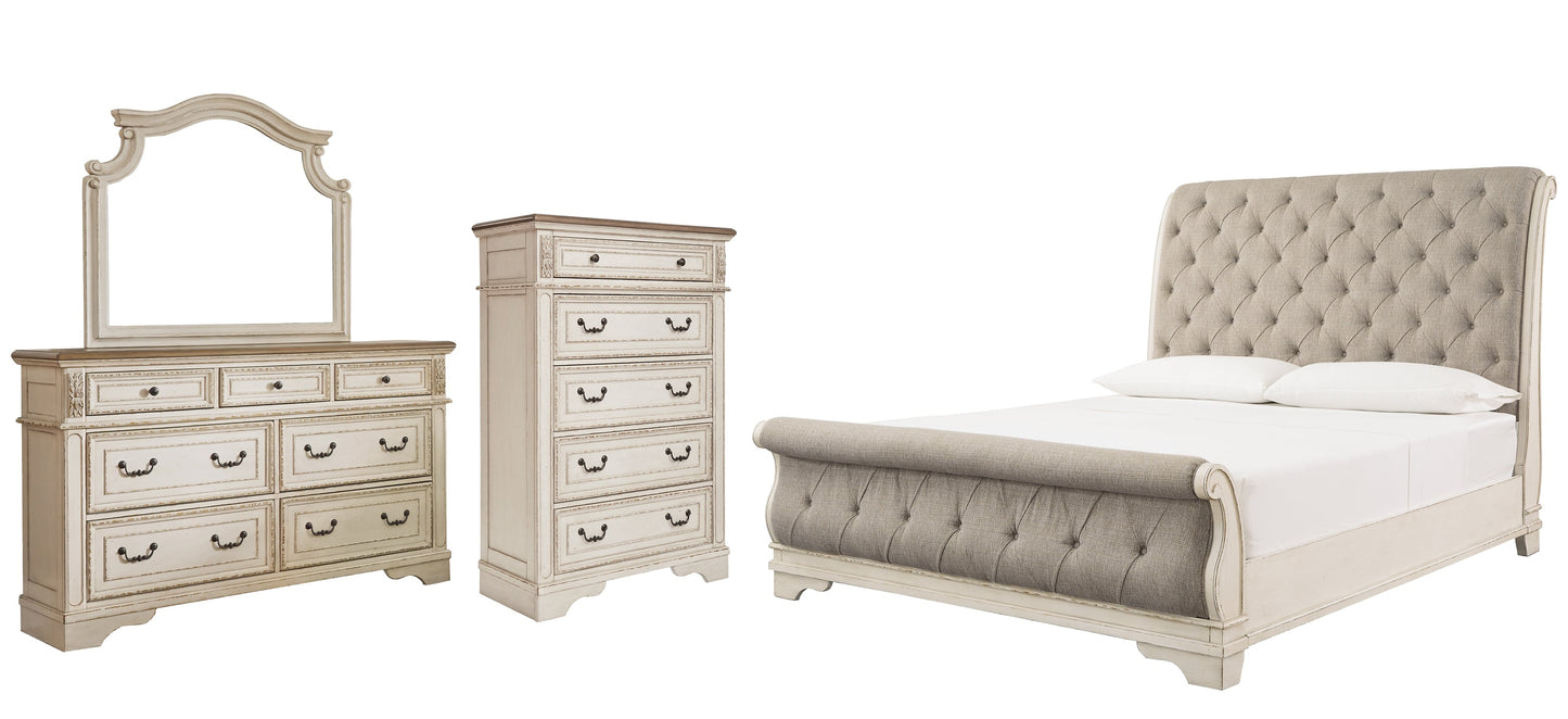 Realyn California King Sleigh Bed with Mirrored Dresser and Chest at Walker Mattress and Furniture Locations in Cedar Park and Belton TX.