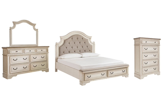 Realyn California King Upholstered Bed with Mirrored Dresser and Chest at Walker Mattress and Furniture Locations in Cedar Park and Belton TX.