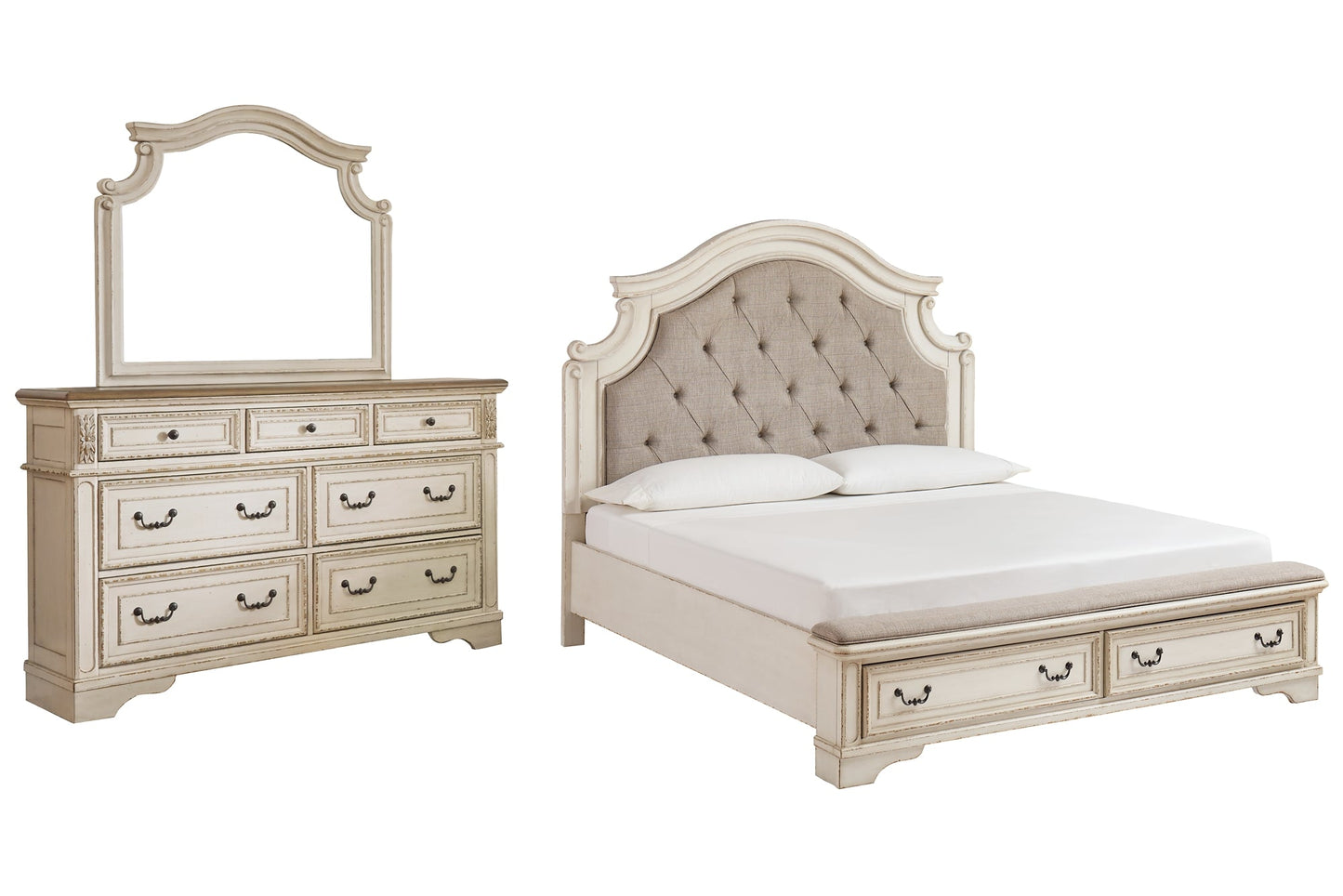 Realyn California King Upholstered Bed with Mirrored Dresser at Walker Mattress and Furniture Locations in Cedar Park and Belton TX.