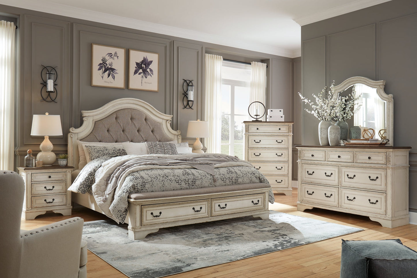 Realyn California King Upholstered Bed with Mirrored Dresser at Walker Mattress and Furniture Locations in Cedar Park and Belton TX.