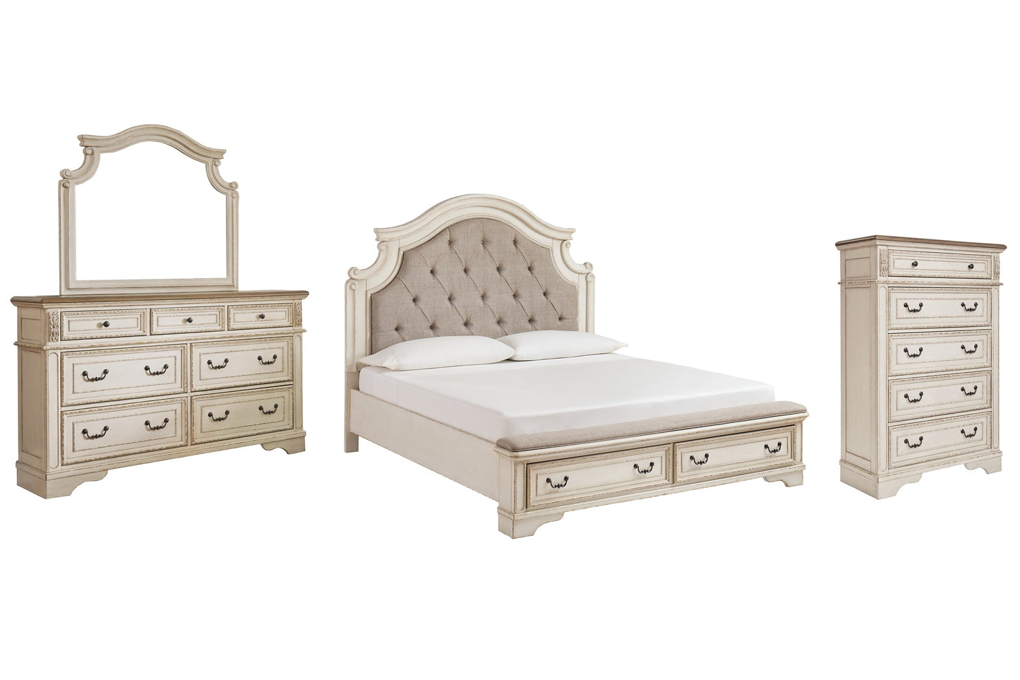 Realyn King Upholstered Bed with Mirrored Dresser and Chest at Walker Mattress and Furniture Locations in Cedar Park and Belton TX.