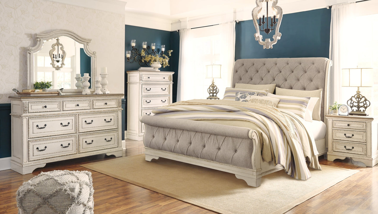 Realyn Queen Sleigh Bed with Mirrored Dresser, Chest and 2 Nightstands at Walker Mattress and Furniture Locations in Cedar Park and Belton TX.