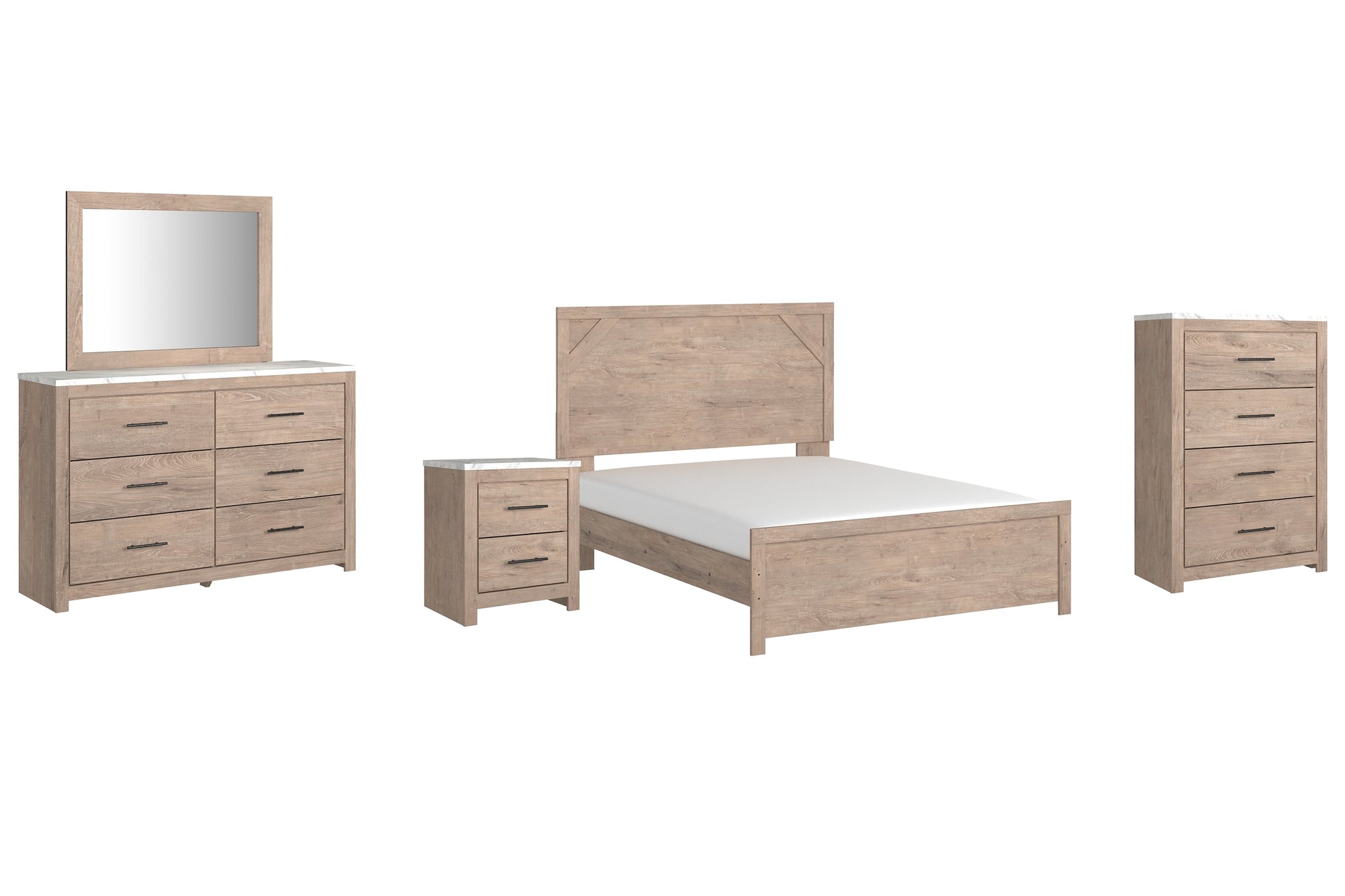 Senniberg Queen Panel Bed with Mirrored Dresser, Chest and Nightstand at Walker Mattress and Furniture Locations in Cedar Park and Belton TX.