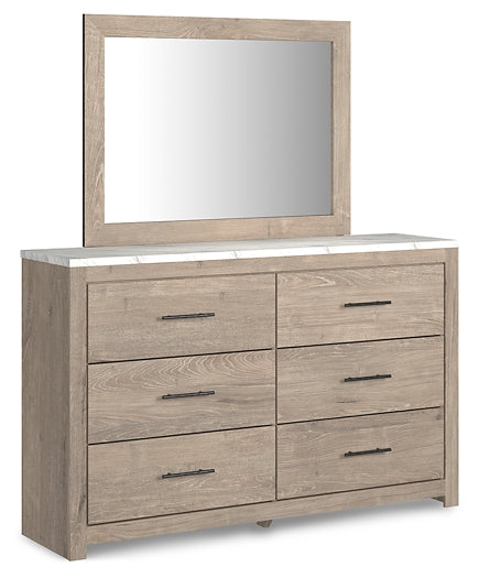 Senniberg Queen Panel Bed with Mirrored Dresser, Chest and Nightstand at Walker Mattress and Furniture Locations in Cedar Park and Belton TX.