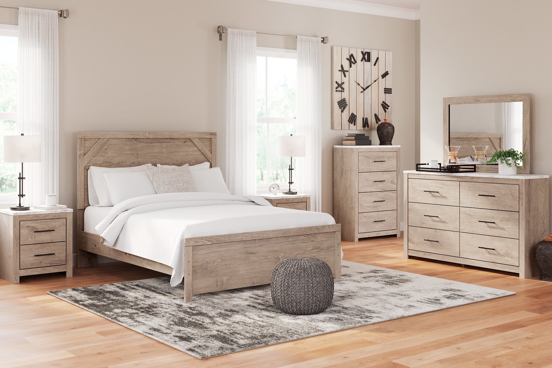 Senniberg Queen Panel Bed with Mirrored Dresser, Chest and Nightstand at Walker Mattress and Furniture Locations in Cedar Park and Belton TX.