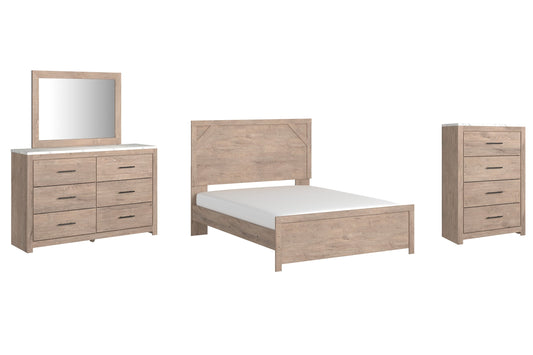 Senniberg Queen Panel Bed with Mirrored Dresser and Chest at Walker Mattress and Furniture Locations in Cedar Park and Belton TX.