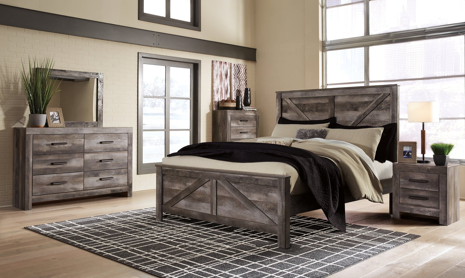 Wynnlow King Crossbuck Panel Bed with Mirrored Dresser, Chest and 2 Nightstands at Walker Mattress and Furniture Locations in Cedar Park and Belton TX.