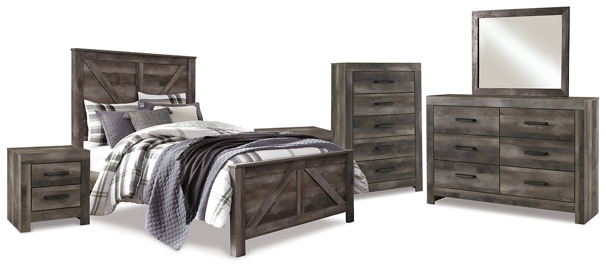 Wynnlow Queen Crossbuck Panel Bed with Mirrored Dresser, Chest and 2 Nightstands at Walker Mattress and Furniture Locations in Cedar Park and Belton TX.