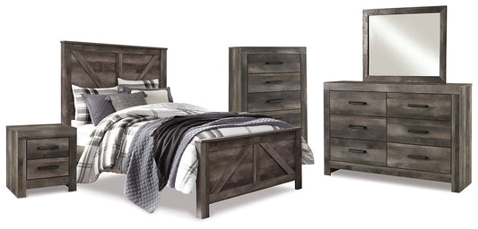 Wynnlow Queen Crossbuck Panel Bed with Mirrored Dresser, Chest and Nightstand at Walker Mattress and Furniture Locations in Cedar Park and Belton TX.