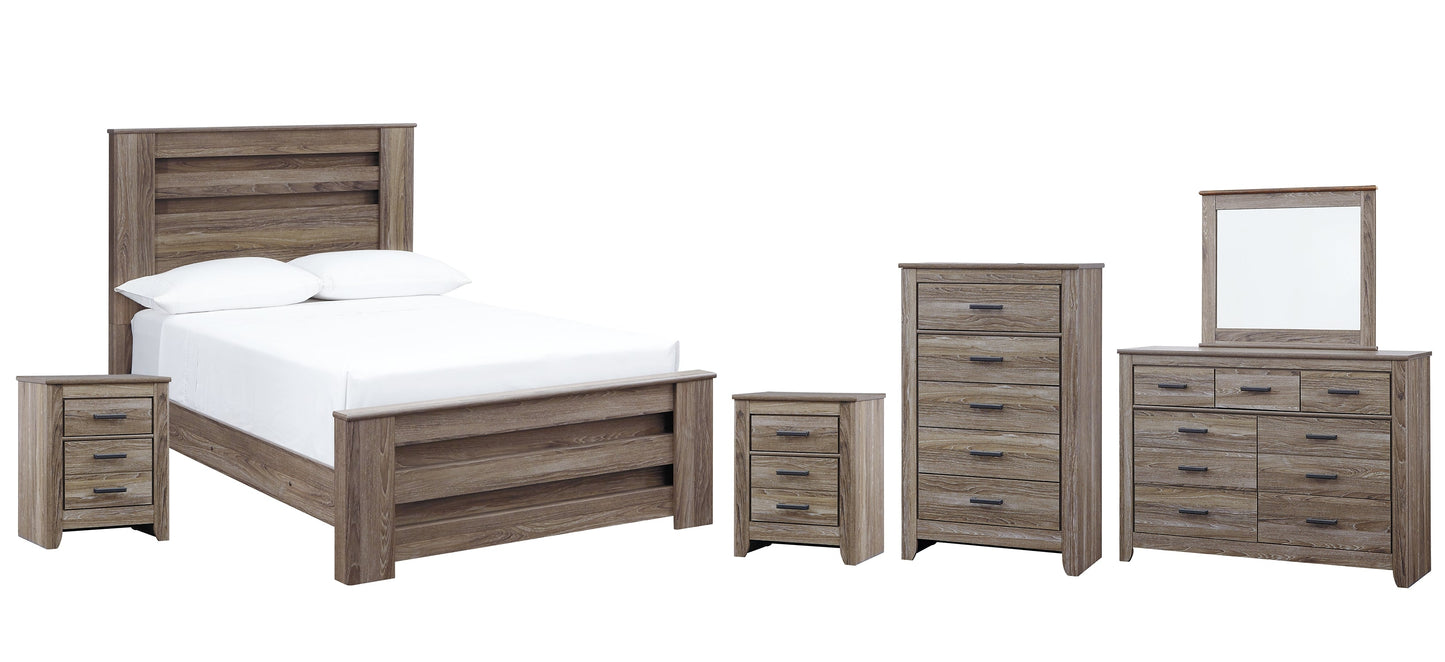 Zelen Full Panel Bed with Mirrored Dresser, Chest and 2 Nightstands at Walker Mattress and Furniture Locations in Cedar Park and Belton TX.