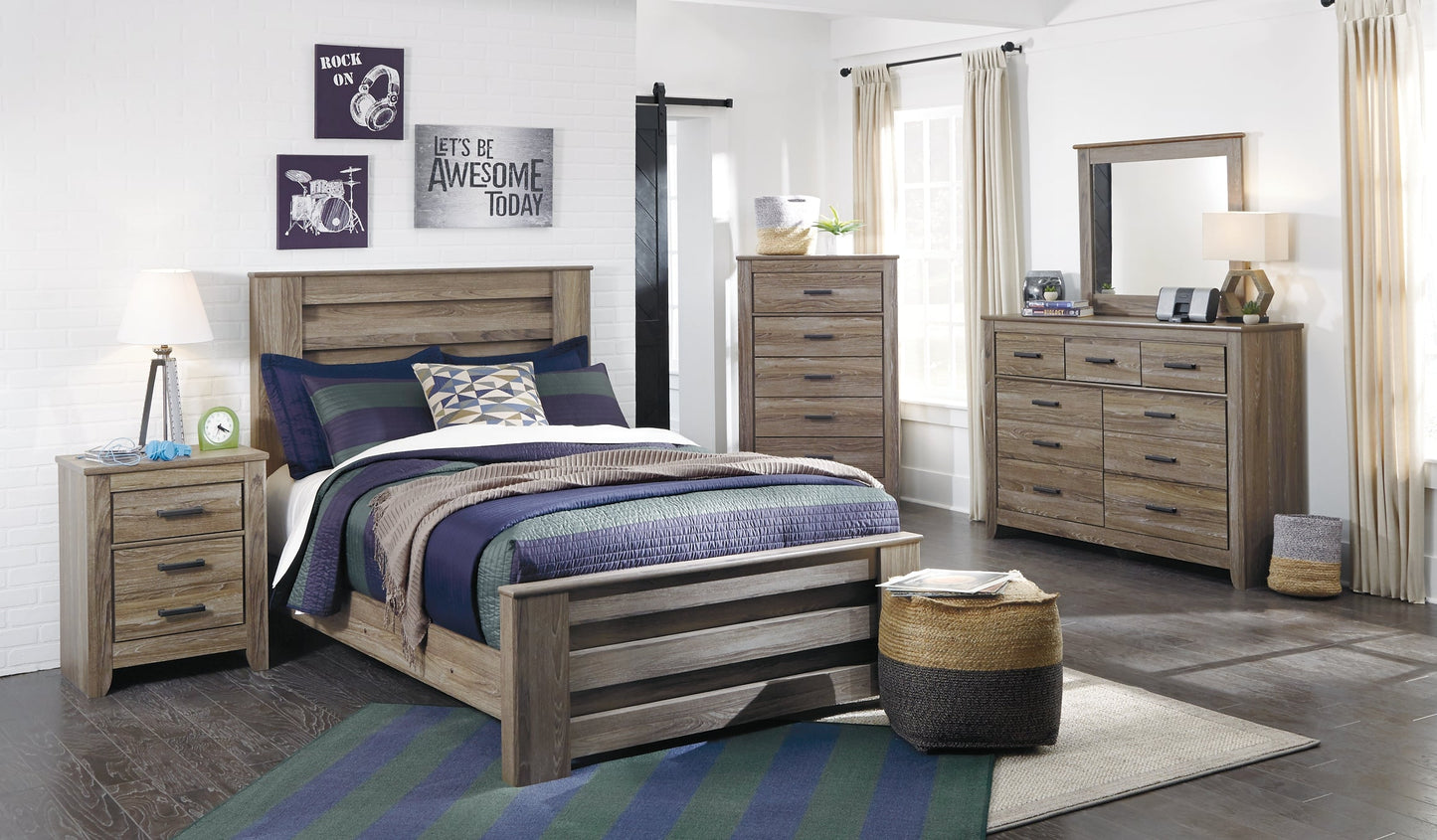 Zelen Full Panel Bed with Mirrored Dresser, Chest and 2 Nightstands at Walker Mattress and Furniture Locations in Cedar Park and Belton TX.