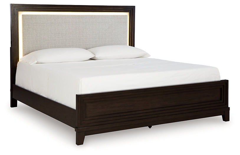 Neymorton California King Upholstered Panel Bed with Mirrored Dresser and 2 Nightstands