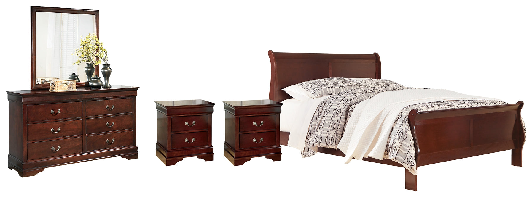 Alisdair Queen Sleigh Bed with Mirrored Dresser, Chest and 2 Nightstands Walker Mattress and Furniture