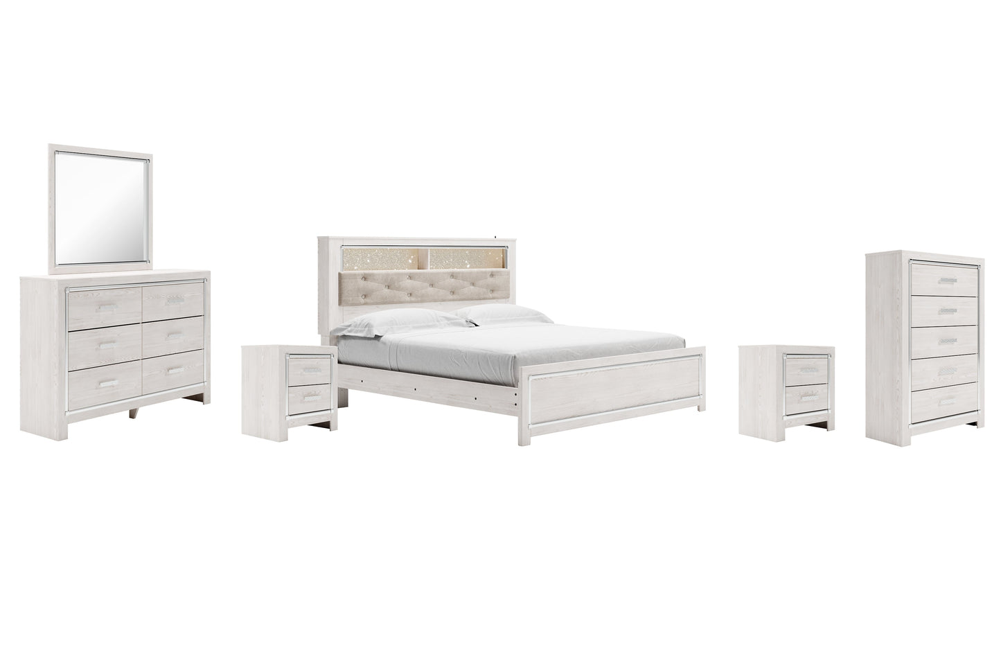 Altyra King Panel Bookcase Bed with Mirrored Dresser, Chest and 2 Nightstands at Walker Mattress and Furniture