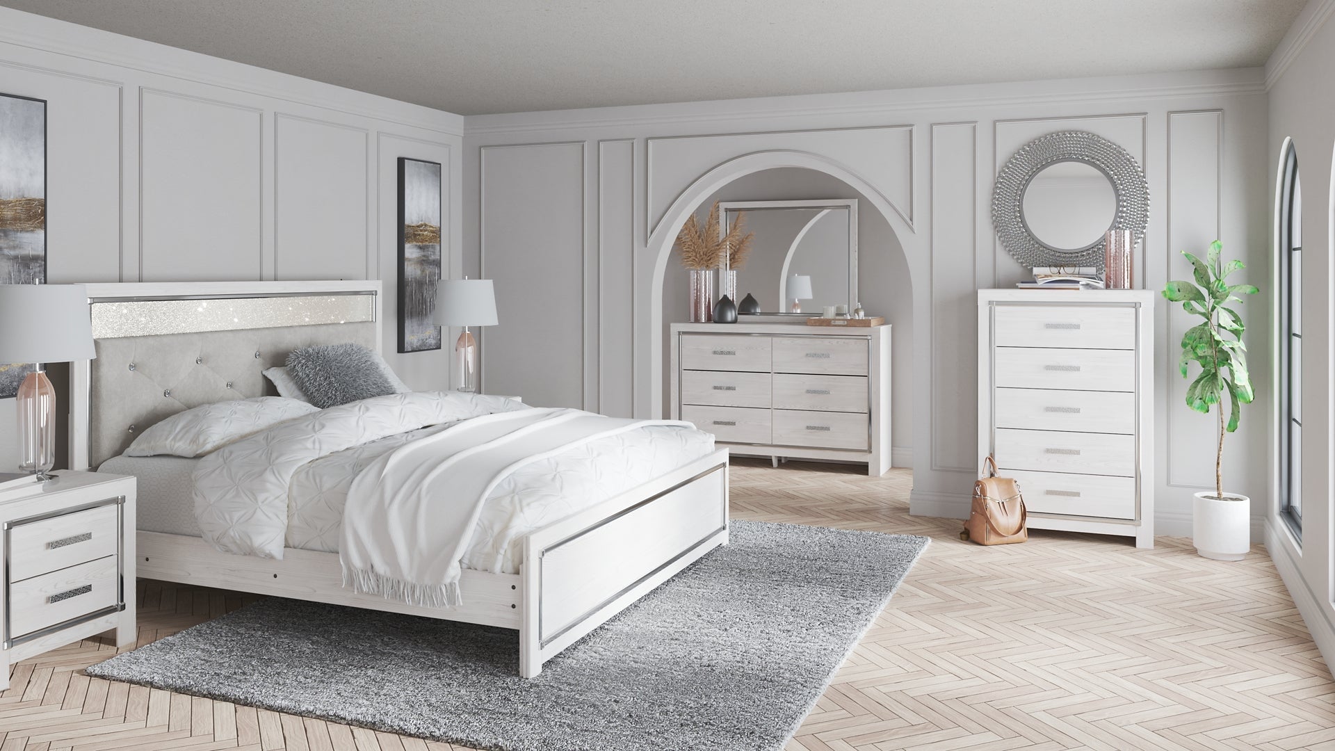 Altyra King Panel Headboard with Mirrored Dresser and 2 Nightstands at Walker Mattress and Furniture