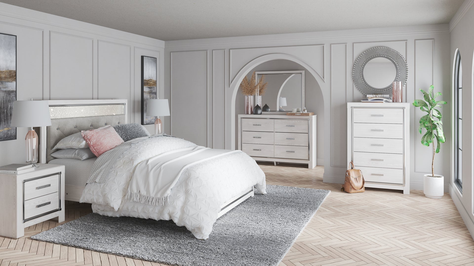 Altyra Queen Panel Bed with Mirrored Dresser, Chest and 2 Nightstands at Walker Mattress and Furniture