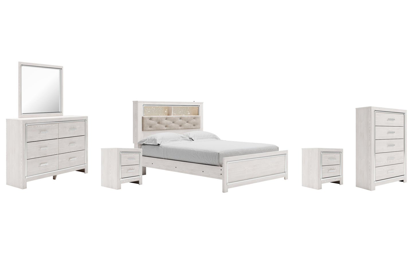 Altyra Queen Panel Bookcase Bed with Mirrored Dresser, Chest and 2 Nightstands at Walker Mattress and Furniture