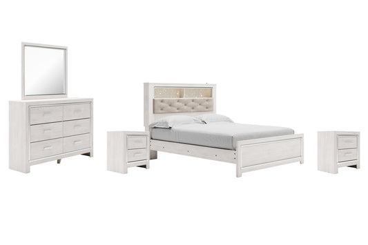 Altyra Queen Panel Bookcase Bed with Mirrored Dresser and 2 Nightstands at Walker Mattress and Furniture