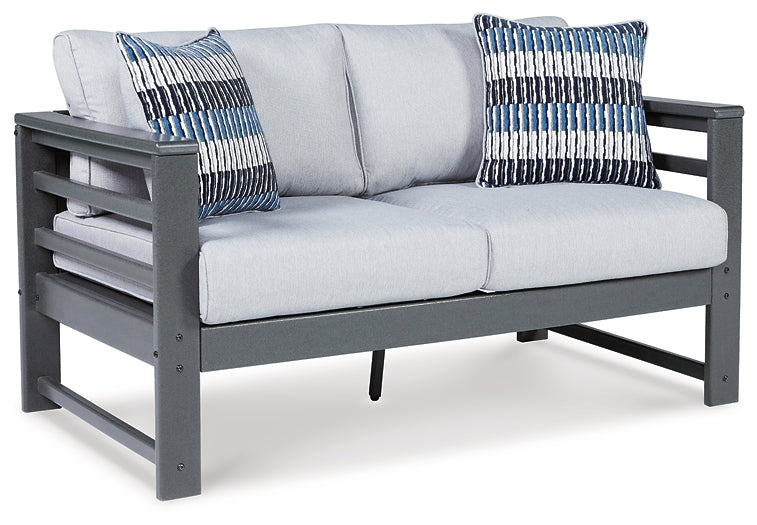 Amora Outdoor Sofa and Loveseat with Coffee Table and 2 End Tables at Walker Mattress and Furniture