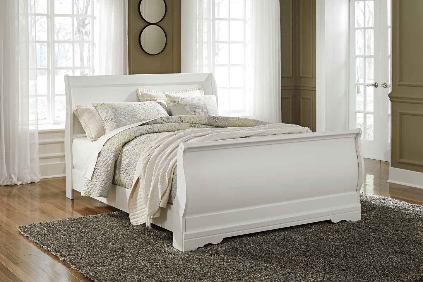 Anarasia Queen Sleigh Bed with Mirrored Dresser and Nightstand at Walker Mattress and Furniture