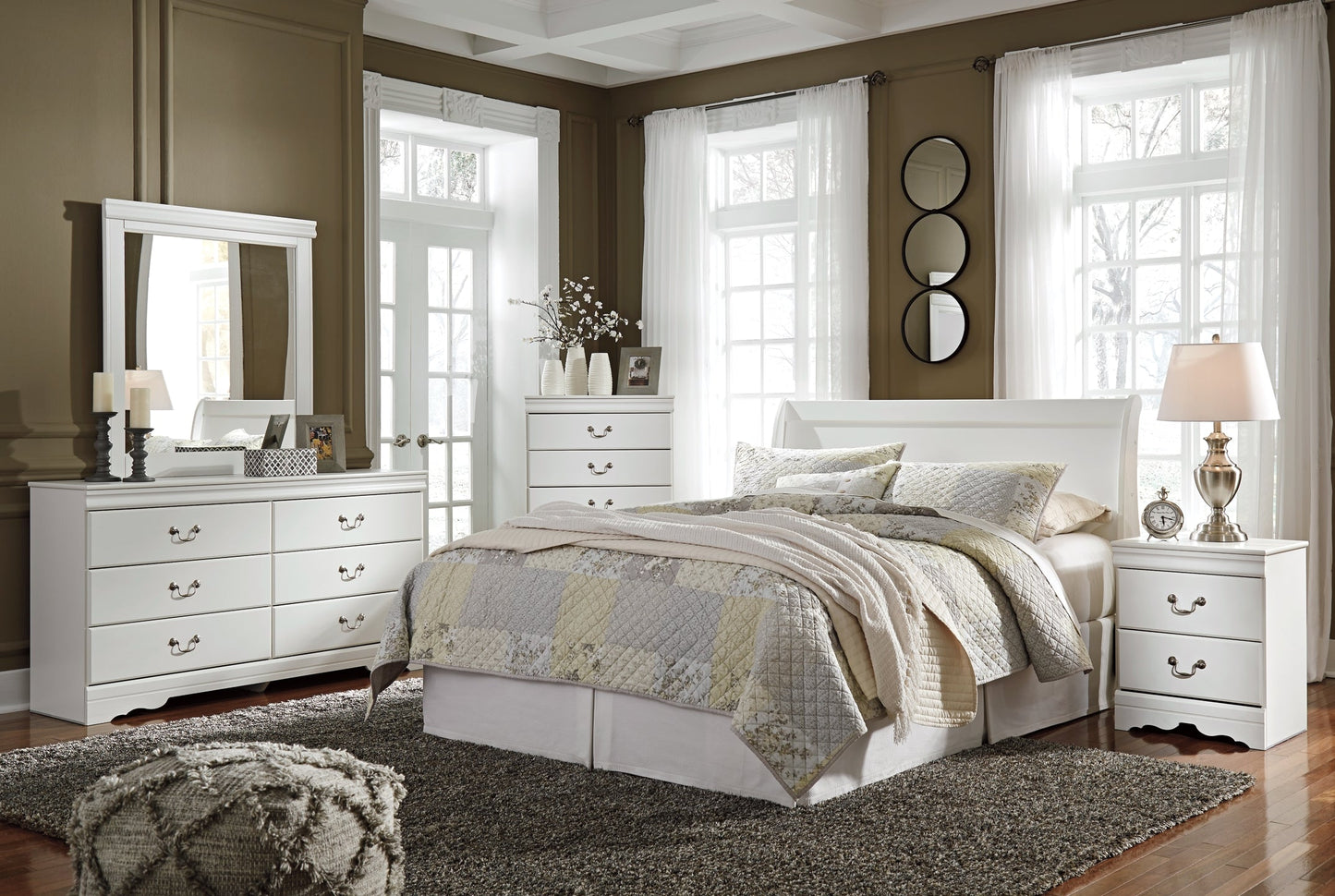 Anarasia Queen Sleigh Headboard with Mirrored Dresser, Chest and 2 Nightstands at Walker Mattress and Furniture