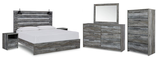 Baystorm King Panel Bed with Mirrored Dresser, Chest and 2 Nightstands at Walker Mattress and Furniture