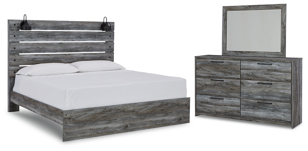 Baystorm King Panel Bed with Mirrored Dresser at Walker Mattress and Furniture