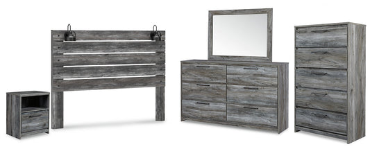 Baystorm King Panel Headboard with Mirrored Dresser, Chest and Nightstand at Walker Mattress and Furniture