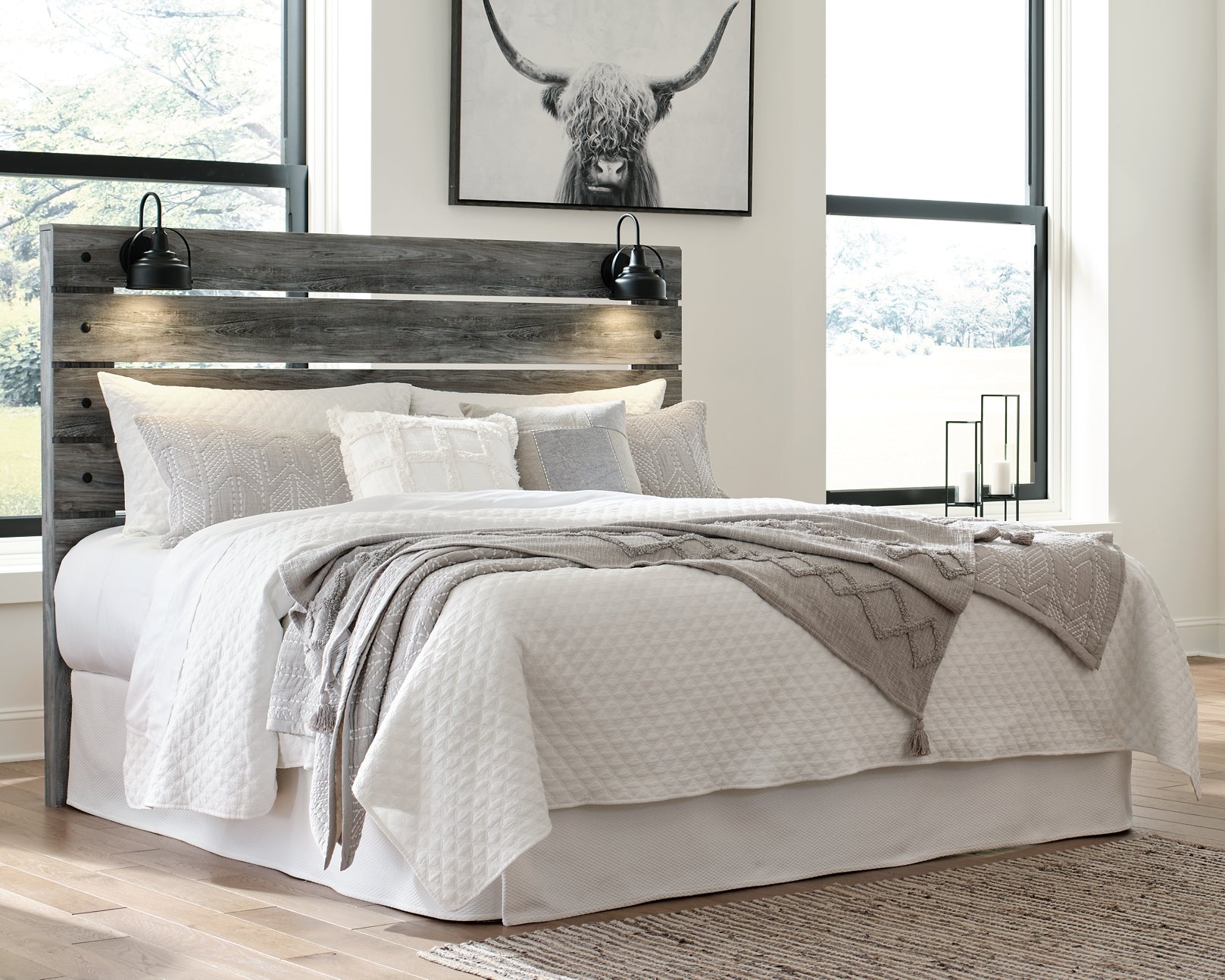 Baystorm King Panel Headboard with Mirrored Dresser and 2 Nightstands at Walker Mattress and Furniture