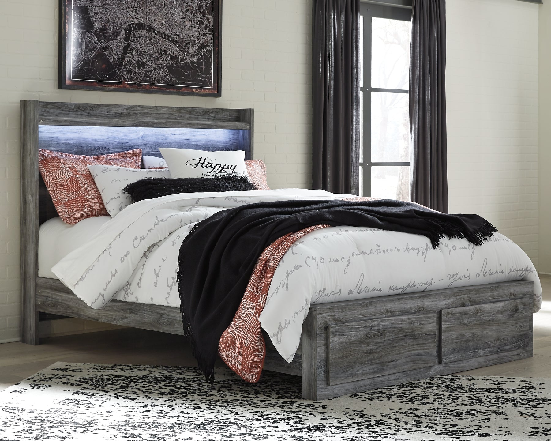 Baystorm Queen Panel Bed with 2 Storage Drawers with Mirrored Dresser and Nightstand at Walker Mattress and Furniture