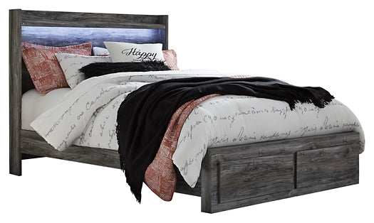 Baystorm Queen Panel Bed with 2 Storage Drawers with Mirrored Dresser and Nightstand at Walker Mattress and Furniture