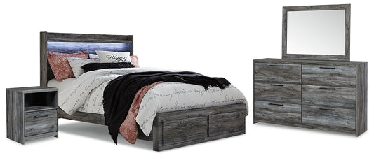 Baystorm Queen Panel Bed with 2 Storage Drawers with Mirrored Dresser and Nightstand at Walker Mattress and Furniture