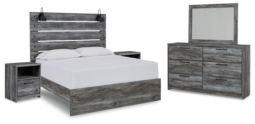 Baystorm Queen Panel Bed with Mirrored Dresser and 2 Nightstands at Walker Mattress and Furniture