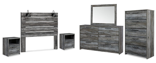 Baystorm Queen Panel Headboard with Mirrored Dresser, Chest and 2 Nightstands at Walker Mattress and Furniture