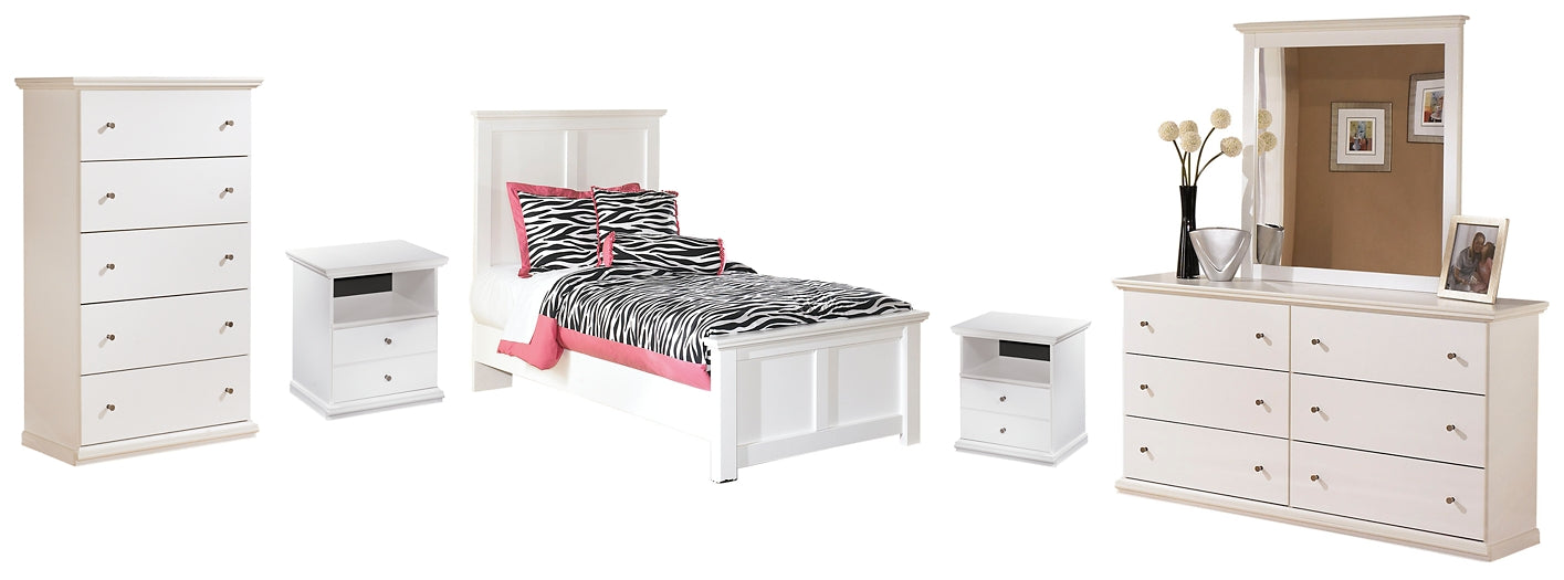Bostwick Shoals Twin Panel Bed with Mirrored Dresser, Chest and 2 Nightstands at Walker Mattress and Furniture Locations in Cedar Park and Belton TX.