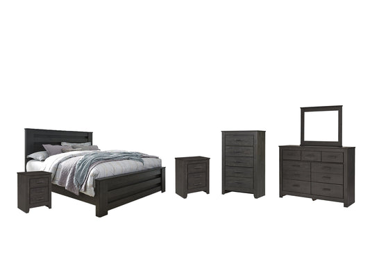 Brinxton King Panel Bed with Mirrored Dresser, Chest and 2 Nightstands at Walker Mattress and Furniture Locations in Cedar Park and Belton TX.