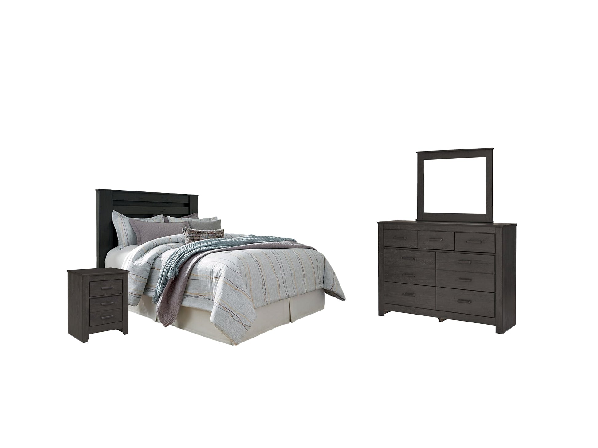 Brinxton Queen/Full Panel Headboard with Mirrored Dresser and 2 Nightstands at Walker Mattress and Furniture Locations in Cedar Park and Belton TX.