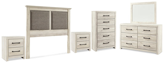 Cambeck King/California King Upholstered Panel Headboard with Mirrored Dresser, Chest and 2 Nightstands at Walker Mattress and Furniture Locations in Cedar Park and Belton TX.