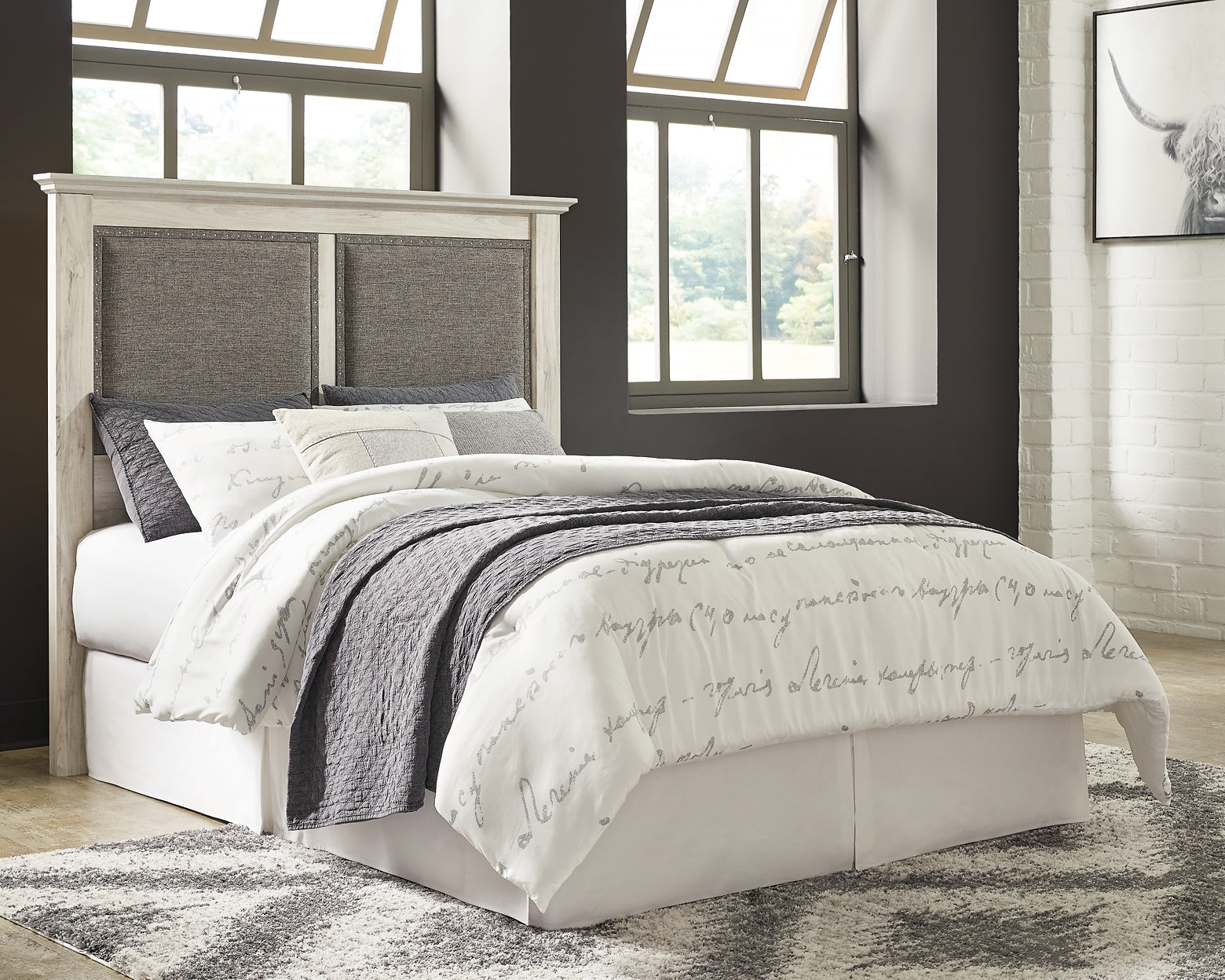 Cambeck King/California King Upholstered Panel Headboard with Mirrored Dresser and 2 Nightstands at Walker Mattress and Furniture Locations in Cedar Park and Belton TX.