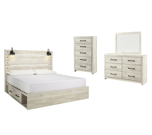 Cambeck King Panel Bed with 2 Storage Drawers with Mirrored Dresser, Chest and Nightstand at Walker Mattress and Furniture Locations in Cedar Park and Belton TX.