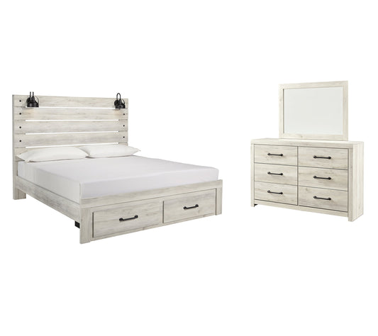 Cambeck King Panel Bed with 2 Storage Drawers with Mirrored Dresser at Walker Mattress and Furniture Locations in Cedar Park and Belton TX.