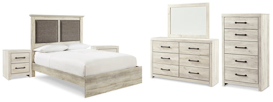 Cambeck King Upholstered Panel Bed with Mirrored Dresser, Chest and 2 Nightstands at Walker Mattress and Furniture Locations in Cedar Park and Belton TX.