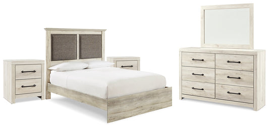 Cambeck King Upholstered Panel Bed with Mirrored Dresser and 2 Nightstands at Walker Mattress and Furniture Locations in Cedar Park and Belton TX.