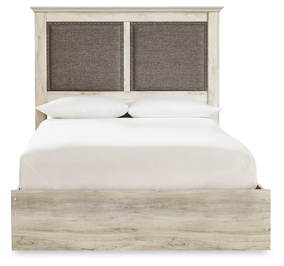 Cambeck King Upholstered Panel Bed with Mirrored Dresser and Chest at Walker Mattress and Furniture Locations in Cedar Park and Belton TX.