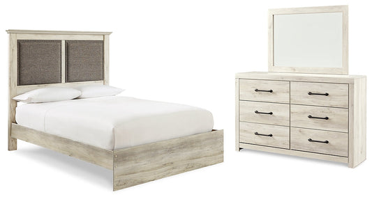 Cambeck King Upholstered Panel Bed with Mirrored Dresser at Walker Mattress and Furniture Locations in Cedar Park and Belton TX.