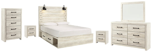 Cambeck Queen Panel Bed with 4 Storage Drawers with Mirrored Dresser, Chest and 2 Nightstands at Walker Mattress and Furniture Locations in Cedar Park and Belton TX.