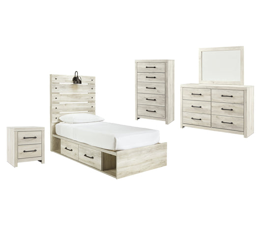 Cambeck Twin Panel Bed with 4 Storage Drawers with Mirrored Dresser, Chest and Nightstand at Walker Mattress and Furniture Locations in Cedar Park and Belton TX.