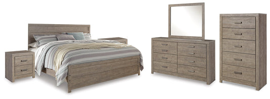 Culverbach King Panel Bed with Mirrored Dresser, Chest and 2 Nightstands at Walker Mattress and Furniture Locations in Cedar Park and Belton TX.