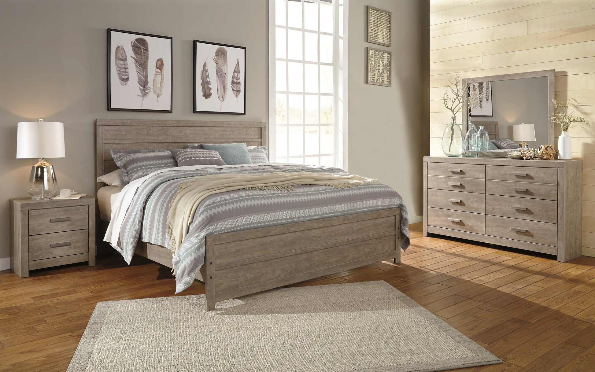 Culverbach King Panel Bed with Mirrored Dresser and 2 Nightstands at Walker Mattress and Furniture Locations in Cedar Park and Belton TX.