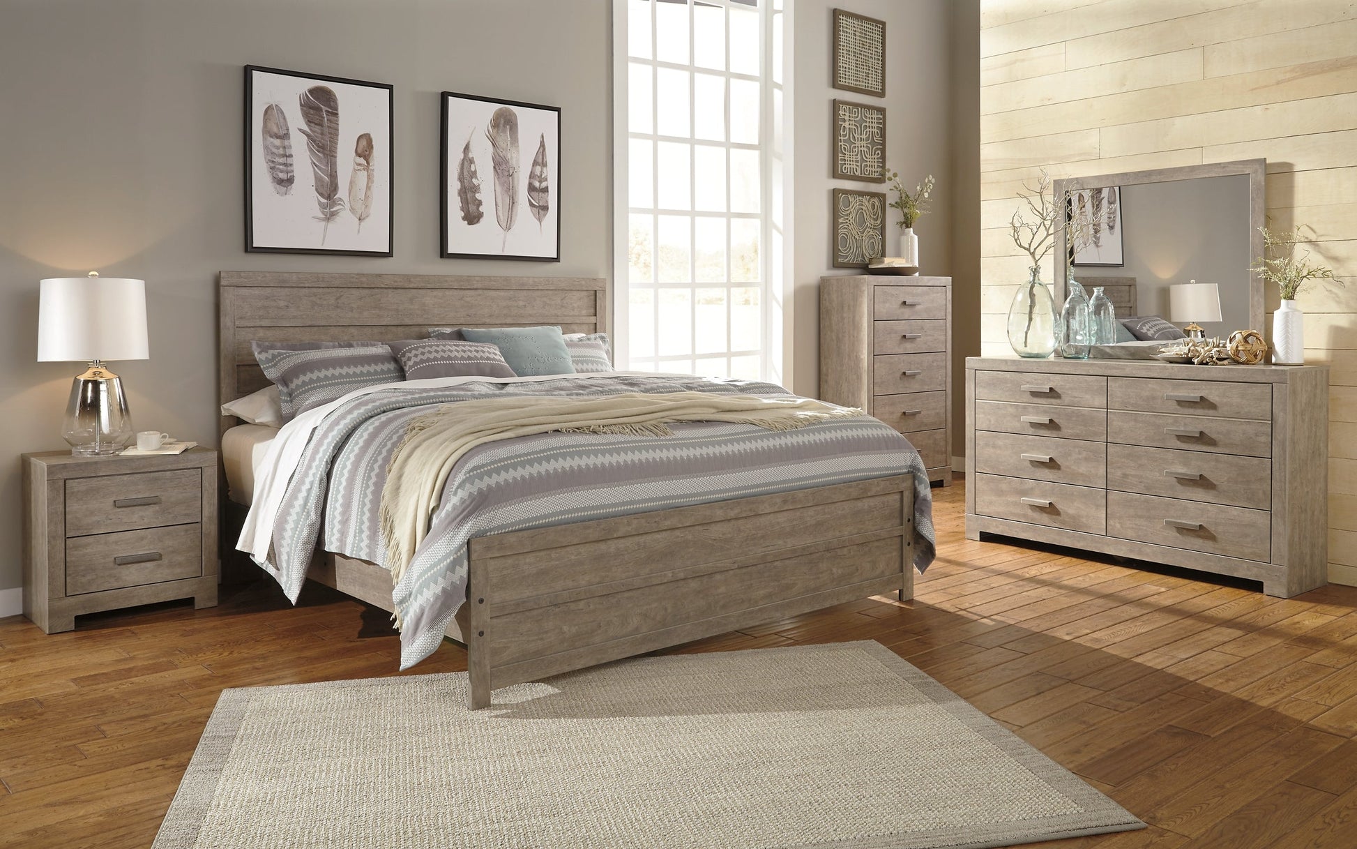 Culverbach King Panel Bed with Mirrored Dresser and Chest at Walker Mattress and Furniture Locations in Cedar Park and Belton TX.